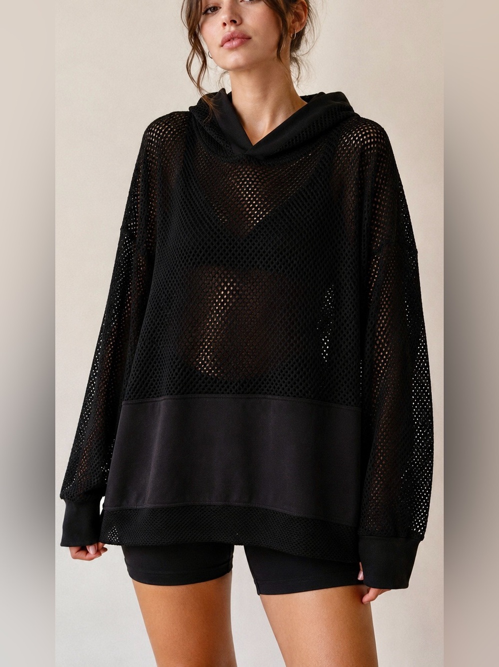 EMMA & SAM Black Mesh Hooded Pullover Top Size L Athleisure Streetwear